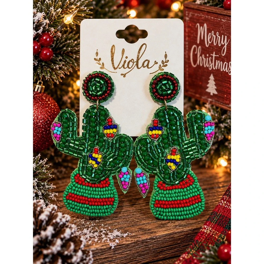 Christmas Cactus Seed Bead Earrings Saguaro Western Holiday Statement